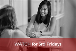 [ai] Two women sitting at a table, one smiling while looking at the other, who is partially visible. The bottom section of the image has a red overlay with the text 'WATCH for 3rd Fridays'.
